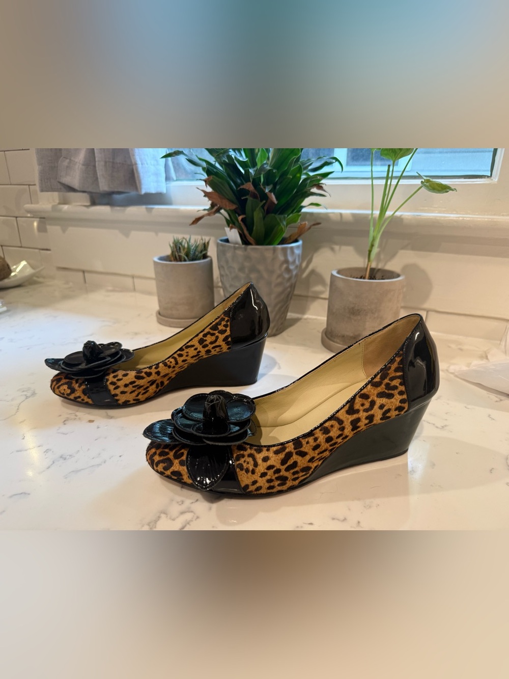 Taryn Rose Luxury Leopard Calf Hair Black Patent Rosette Wedge Pumps - Size 7